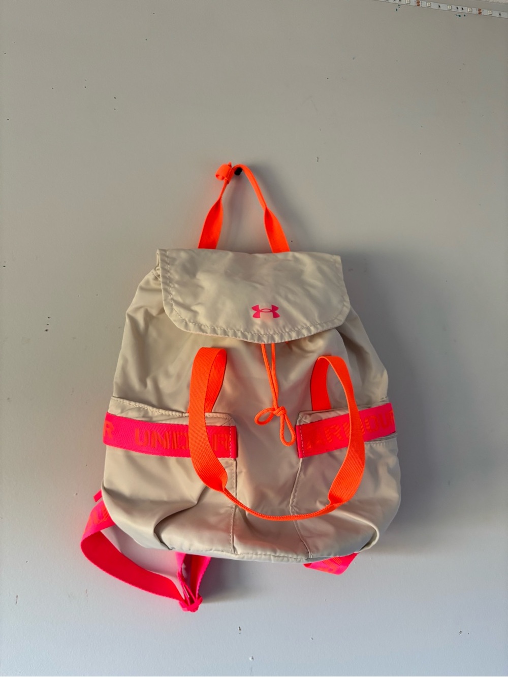 Under Armour Beige Backpack with Neon Orange and Hot Pink straps